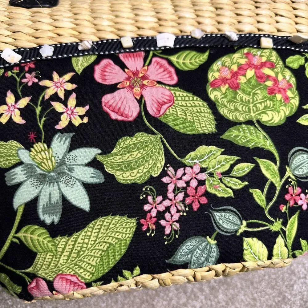 Vera Bradley Botanica Print Beach Tote Natural Woven Straw Sea Shell Bead Cruise